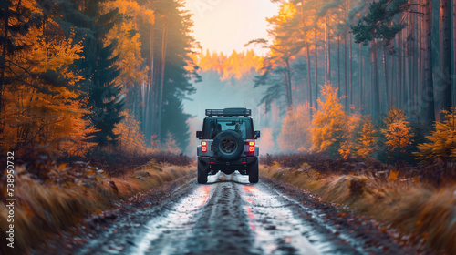 SUV driving on a forest road amidst vibrant autumn foliage during sunrise.