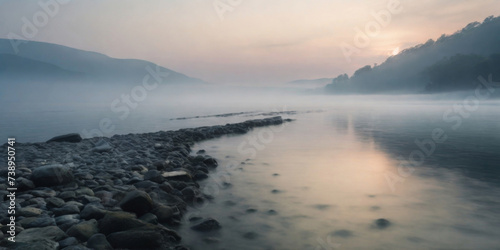 A dense blanket of fog hovering over a silent lake