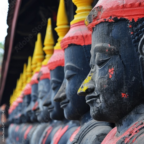 Row of ancient Buddha statues with faded paint, showcasing traditional Asian religious art and culture.