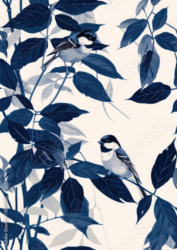 Artistic rendering of two birds perched among monochrome blue leaves on a white background.