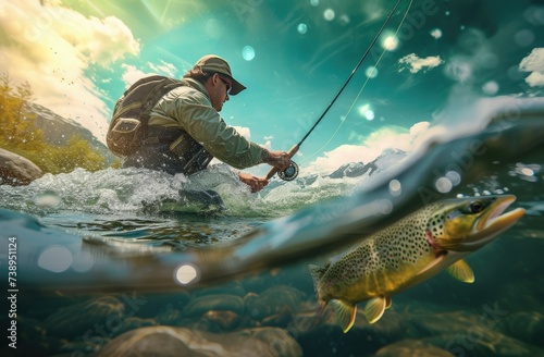 Fisherman in river catching trout, dynamic underwater view with fish in foreground and sunny sky above.