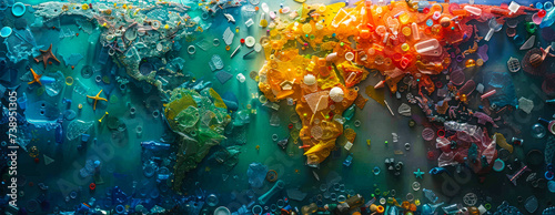 Global environmental issue of microplastic pollution depicted by colorful plastic debris forming world map, highlighting the ecological impact on Earth photo