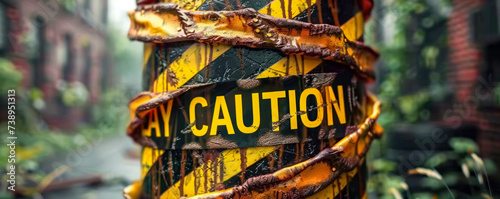 Weathered and worn caution tape wrapped around a rusty pole, signaling danger and the need for safety in a high risk or construction area