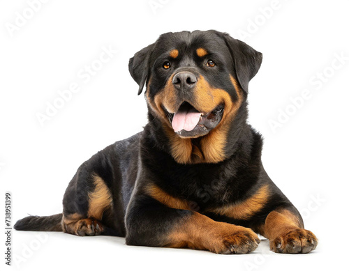 Rottweiler liegend isoliert auf wei  en Hintergrund  Freisteller 