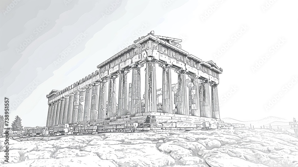 Sketch-style illustration of the Parthenon, ancient Greek temple on the Acropolis of Athens, symbolizing classical architecture.