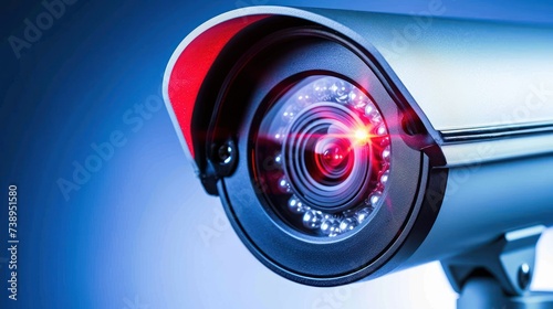 Modern security camera with infrared illumination on a blue background. photo