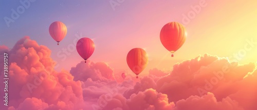 Serene sky with colorful hot air balloons above fluffy clouds during a vibrant sunset. photo