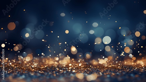 Abstract background with dark blue with gold particles and gold sequins