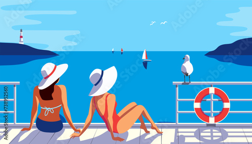 Two Females Sunbathing on Sea Pier Poster. Woman in sun hat enjoy seaside landscape, yachts vector illustration. Blue ocean scenic view cartoon. Summer holiday vacation season tourist trip background