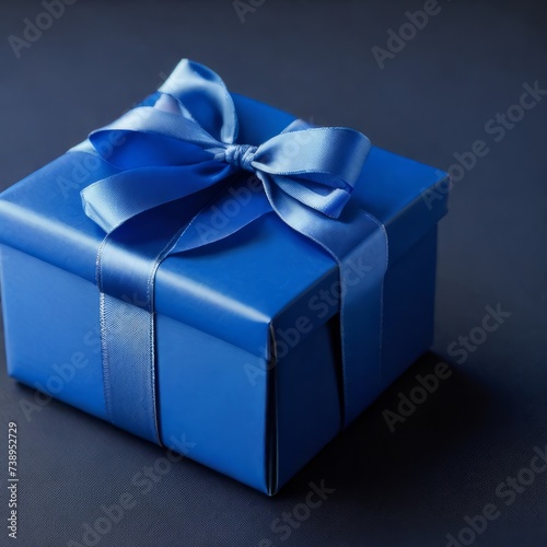 Elegant small gift box with a blue ribbon positioned on a dark blue surface