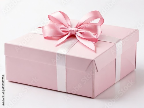 Small elegant gift box with a pink ribbon placed on a white surface © Mell25