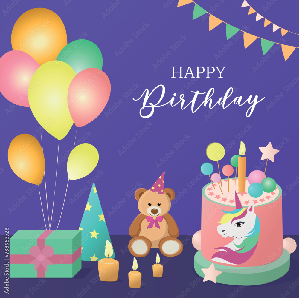 Birthday banner with balloons and teddy bear and unicorn with cake Birthday banner with balloons and teddy bear and unicorn with cake