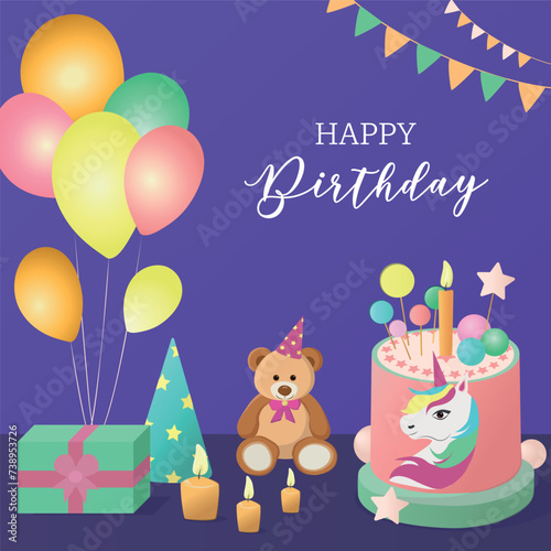 Birthday banner with balloons and teddy bear and unicorn with cake © Gayane