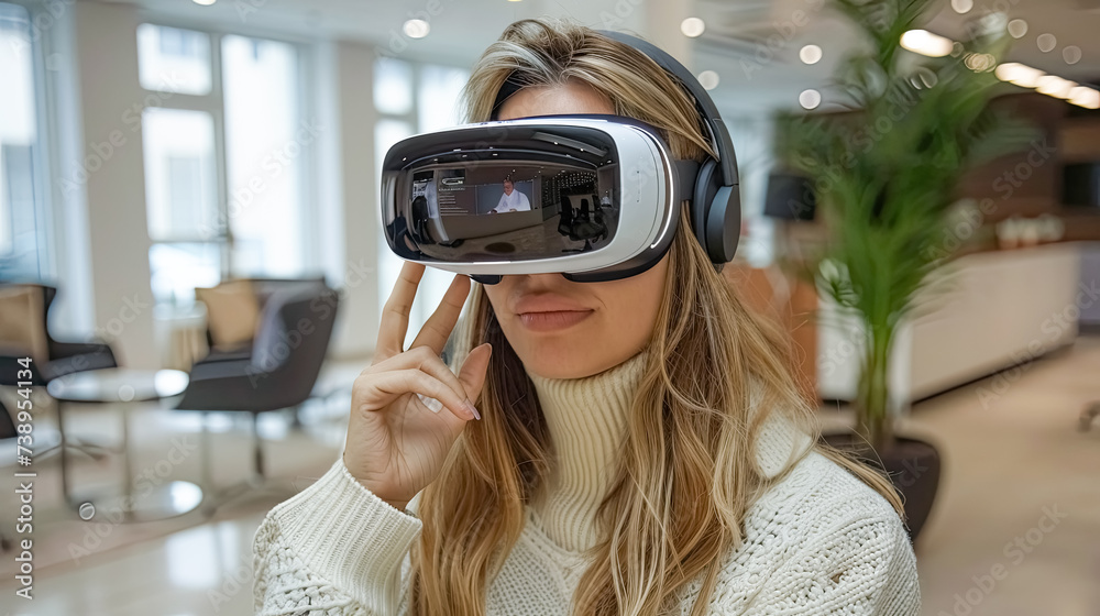 Woman uses cordless VR glasses outside, watching content Woman uses cordless VR glasses outside, watching content
