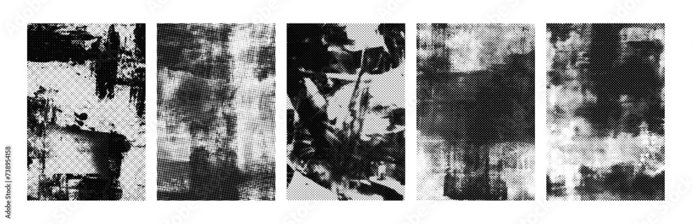 Grunge halftone effect, distressed poster backgrounds. Punk poster overlay surface with rough dotted pattern. Cyber grange contemporary design template for banners, flyers. Vector illustration