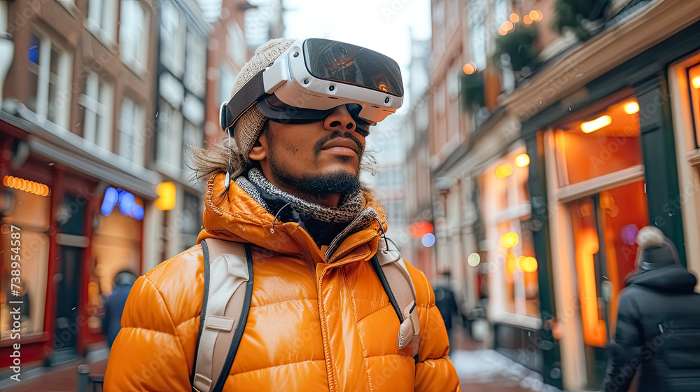 Man uses cordless VR glasses outside, watching content Man uses cordless VR glasses outside, watching content