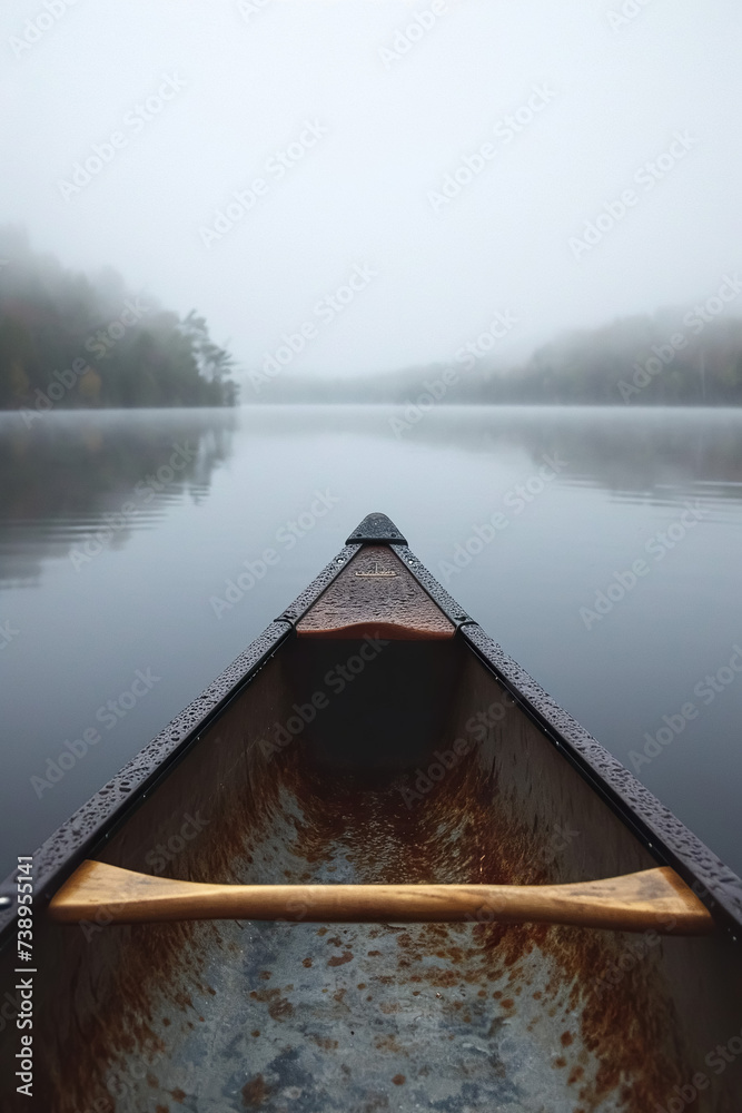 first person view of kayak boat at mountain lake with fog, pov canoe at misty river