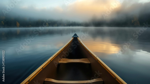 first person view of kayak boat at mountain lake with fog, pov canoe at misty river photo