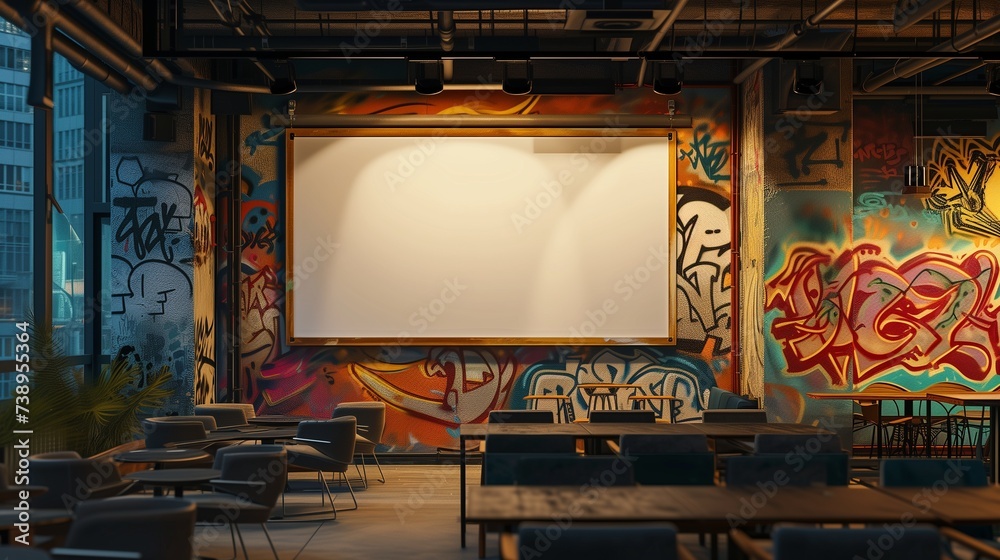 A hipster coffee shop with a graffiti art wall, featuring an empty canvas frame in a dynamic urban setting, illuminated by trendy, industrial-style track lighting.