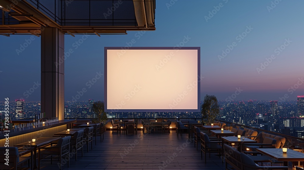 A hotel's rooftop bar with an empty canvas frame set against a backdrop of city lights, lit by the subtle glow of recessed LED lighting in the evening sky. A hotel's rooftop bar with an empty canvas frame set against a backdrop of city lights, lit by the subtle glow of recessed LED lighting in the evening sky.