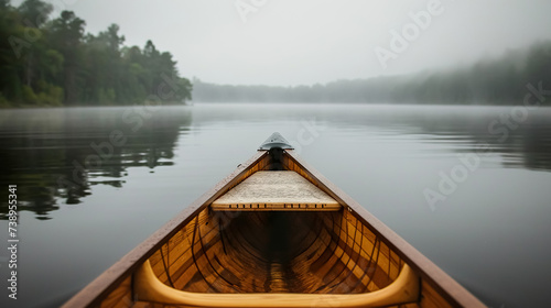 first person view of kayak boat at mountain lake with fog, pov canoe at misty river