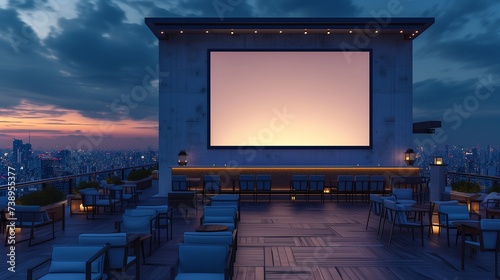 A hotel's rooftop bar with an empty canvas frame set against a backdrop of city lights, lit by the subtle glow of recessed LED lighting in the evening sky.