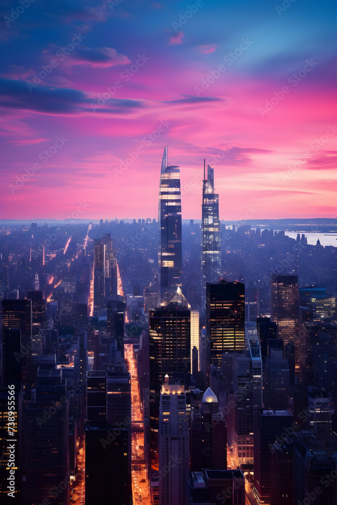 Nightfall Majesty: An Illuminated Metropolis Against a Twilight Sky