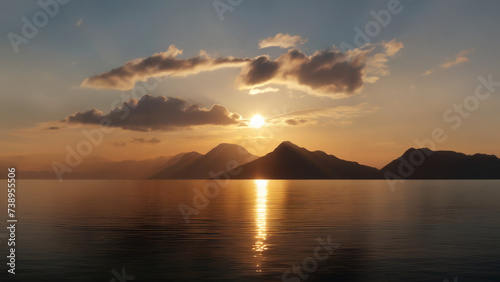 A beautiful view of a sunrise sunset with mountains standing on earth and clouds flowing in the sky.  Wallpaper 