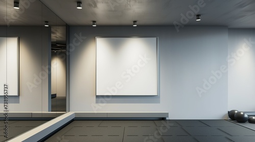 A modern house s fitness room  featuring an empty canvas frame on a mirrored wall  illuminated by the bright  even light of recessed ceiling spots.
