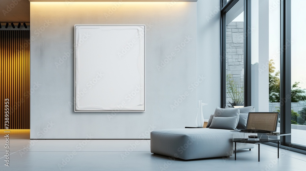 A sleek modern house's living room with an empty plain canvas frame against a clean, white wall, illuminated by the natural light from floor-to-ceiling windows.