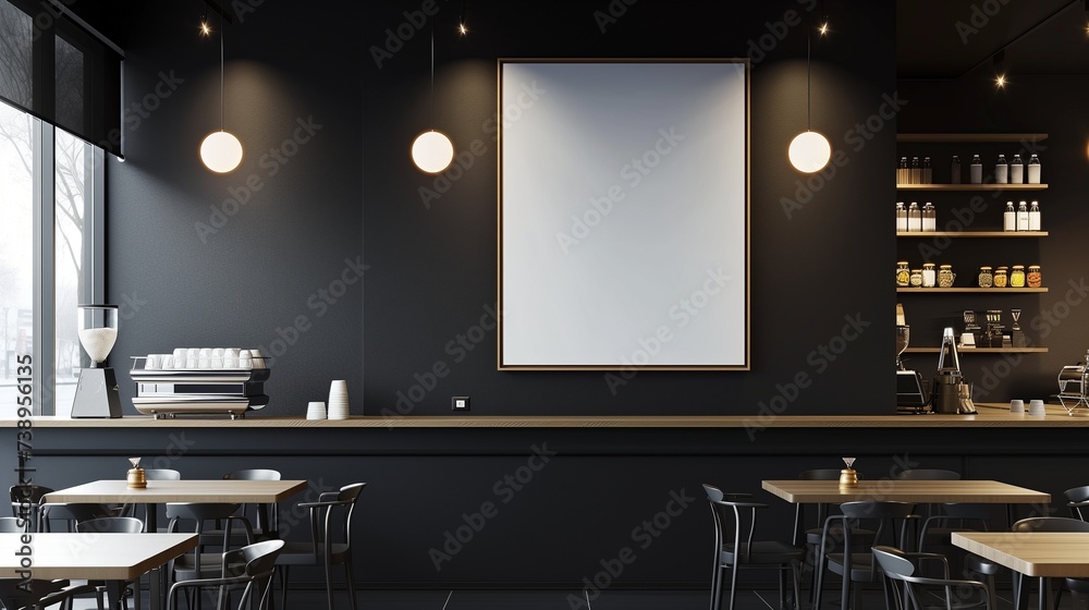 An elegant coffee shop with a monochrome interior, displaying an empty canvas frame on a sophisticated black wall, accented by the sleek, modern design of recessed lighting. - obrazy, fototapety, plakaty 