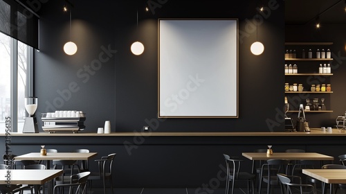 An elegant coffee shop with a monochrome interior, displaying an empty canvas frame on a sophisticated black wall, accented by the sleek, modern design of recessed lighting. photo