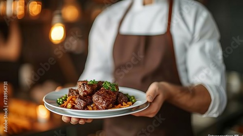 Waiter serving plates of meat dish at a festive event or wedding reception in a restaurant