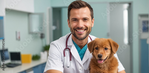 Male veterinarian doctor and cute dog in the clinic treatment