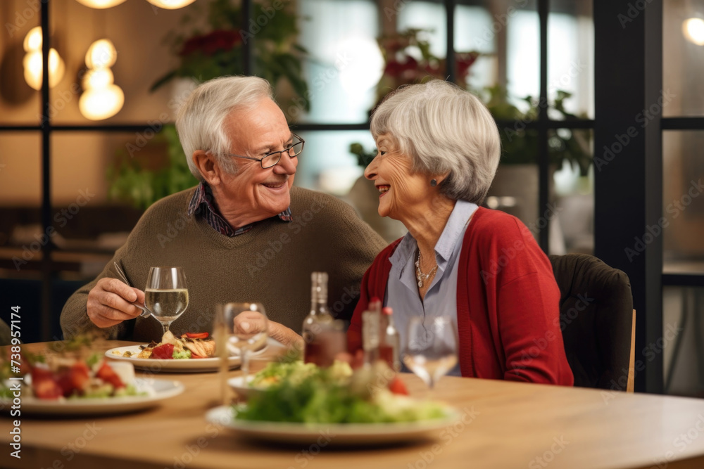 Laughing Senior Couples Enjoying Meal at Restaurant