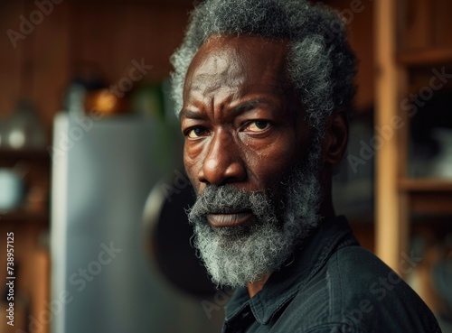 Elderly black man with grey beard in home kitchen.	