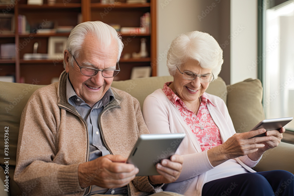 Joyful senior couple using tablets in bright living room.