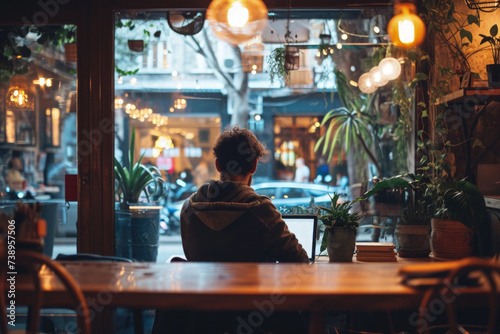 Male Digital Nomad Enjoying Work Day in Cozy Cafe, Work and Travel Combination Concept © Lazarenko O.