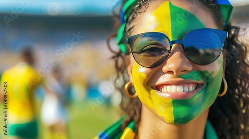 Happy Woman Supporter with Face Paint in Brazil Flag Colors