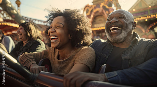 Joyful Couple on a Roller Coaster Ride at an Amusement Park © Marharyta