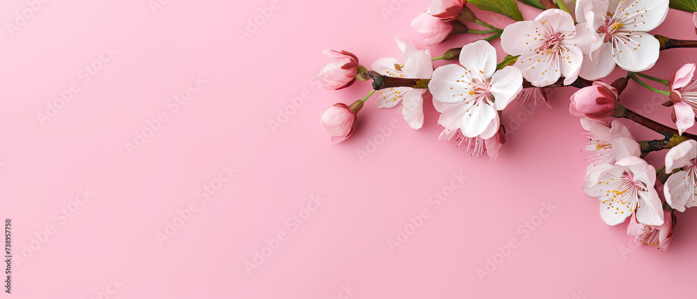 Beautiful apricot branch with pink, white floral blossom on light background. Banner with copy space and flowers in corner. Greeting card, woman, mother day, romance