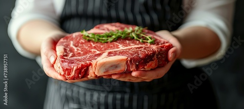 Experienced butcher displaying large, juicy, perfectly marbled raw beef steak, with space for text.