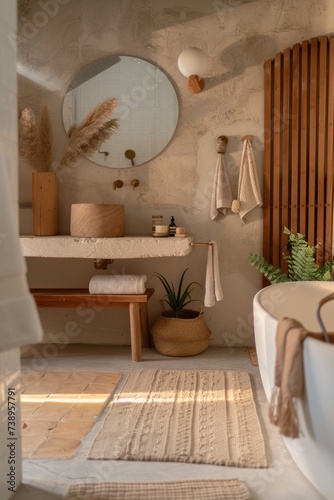 Bathroom with earthy tones. Tranquility with interior design.