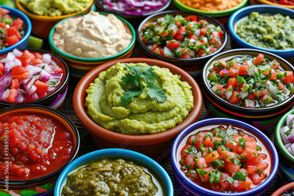 Guacamole Bowl Surrounded by Colorful Salsas, Mexican Cuisine Concept