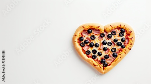 Heart shaped pizza on light table for romantic dinner, top view with copy space for text placement