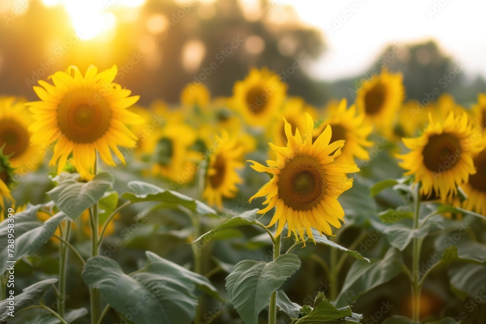 Field of yellow sunflowers glowing in the sun, closeup macro photography Field of yellow sunflowers glowing in the sun, closeup macro photography