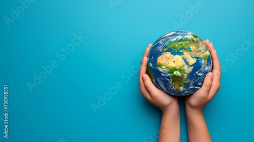 Caring hands cradle earth on blue background, symbolizing responsibility, with copy space. photo