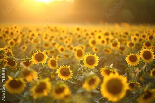 Field of sunflowers with setting sun painting sky, creating breathtaking view