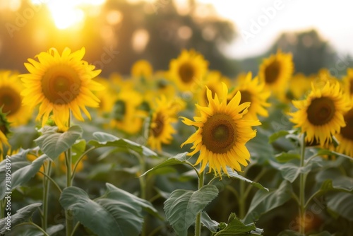 Field of yellow sunflowers glowing in the sun, closeup macro photography