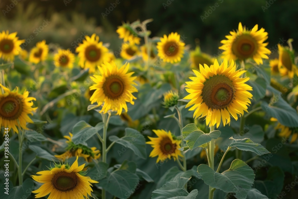 Field of yellow sunflowers glowing in the sun, closeup macro photography